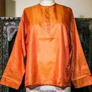 Solid Saffron Orange Silk Blouse Top with Button Down Collar